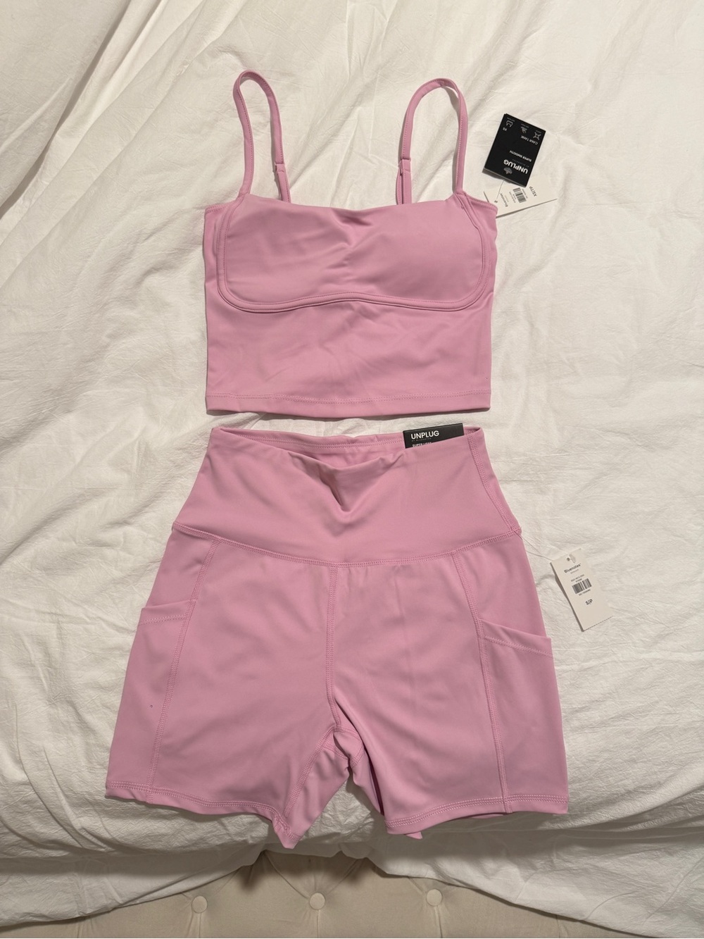 New Bluenotes Baby Pink Crop Bralette & High-Waist Biker Shorts Set w Pockets